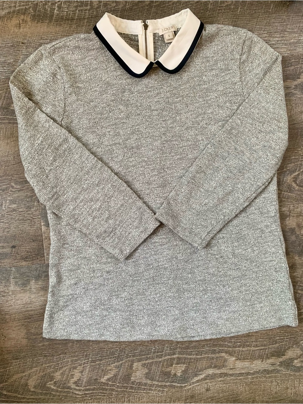 J. Crew Light Gray Knit Sweater with White Collar and Black Trim